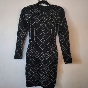 RVN Black Studded Mini Dress XS Jacquard Lurex Long Sleeve Bodycon Party Dress